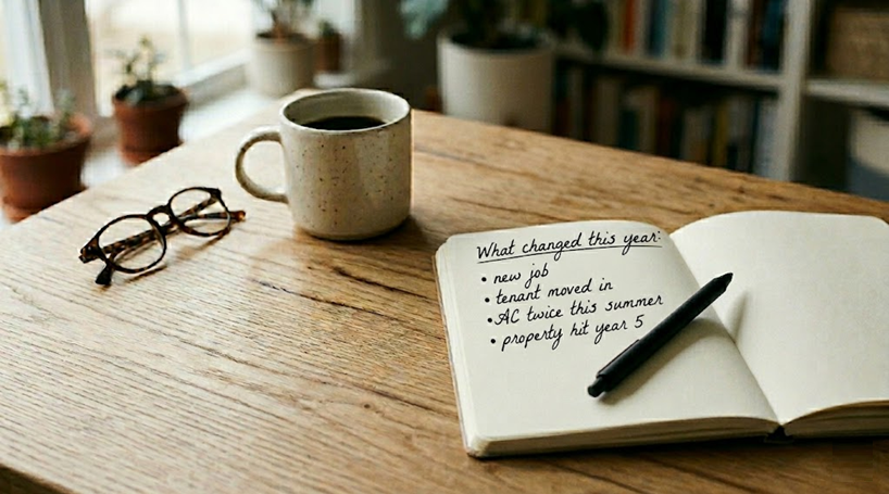 Open notebook on a wooden desk with a handwritten list of life changes — when does an AMC make sense in Dubai