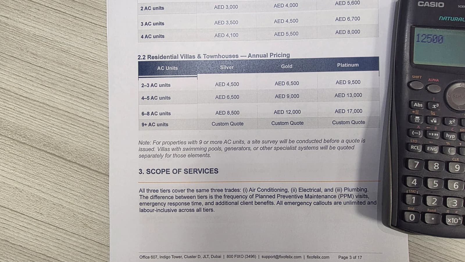 An AMC pricing schedule showing Dubai apartment and villa annual rates beside a calculator — what an AMC cost looks like in Dubai.