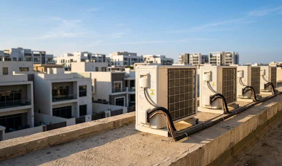 Row of outdoor AC condenser units on a Dubai rooftop, showing how AMC price scales with the number of AC units
