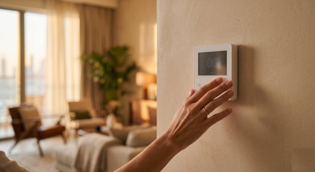 A hand adjusting an AC thermostat in a Dubai apartment — how AMC tiers set service frequency