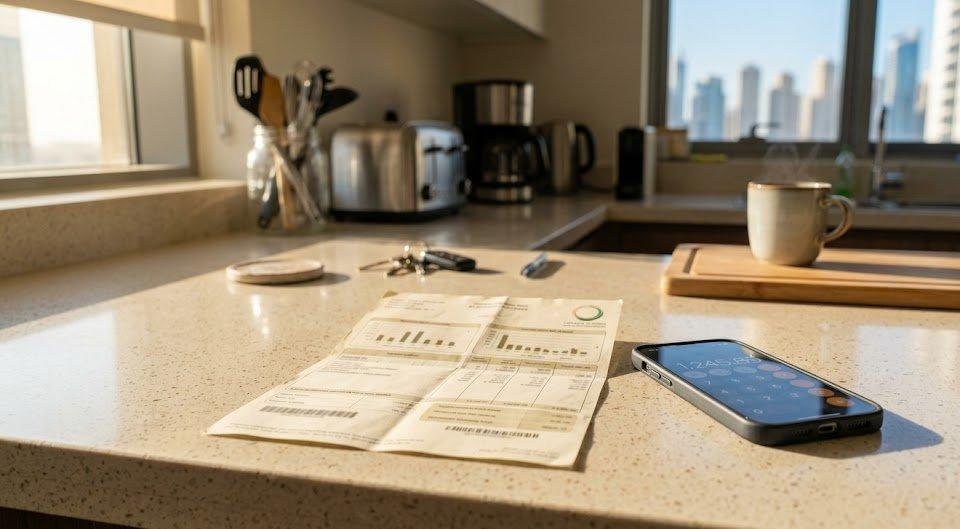 A Dubai home electricity bill and a phone calculator on a kitchen counter, illustrating preventive maintenance savings