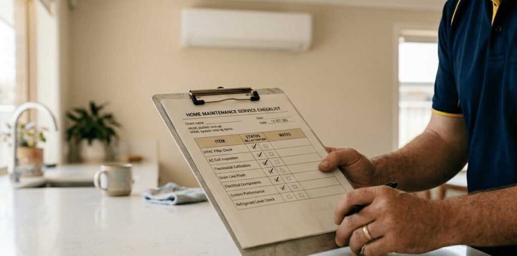 Fixo Felix technician ticking items on a home maintenance service report — what an AMC covers in Dubai
