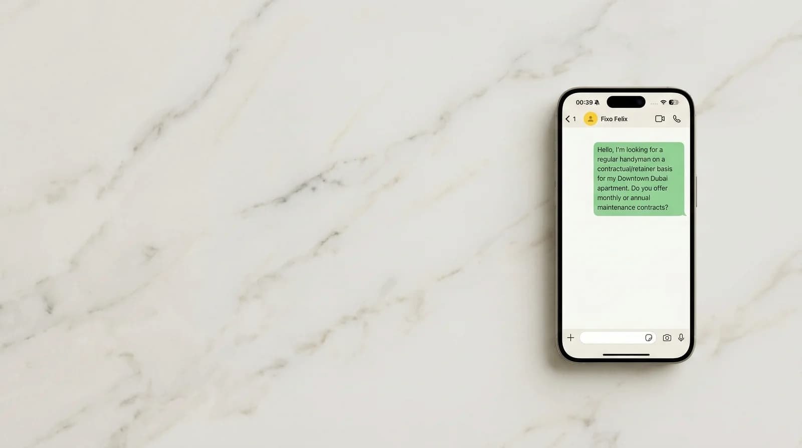 A WhatsApp message asking about an annual maintenance contract for a Dubai apartment — what is an AMC and how it works.