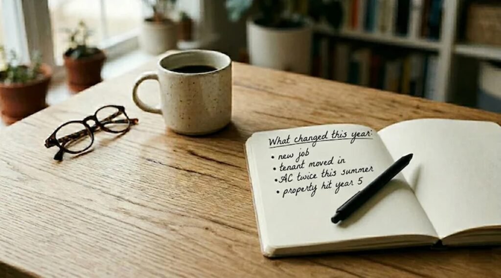 An open notebook on a wooden desk listing life changes — new job, tenant, AC trouble — that signal when an AMC makes sense in Dubai.