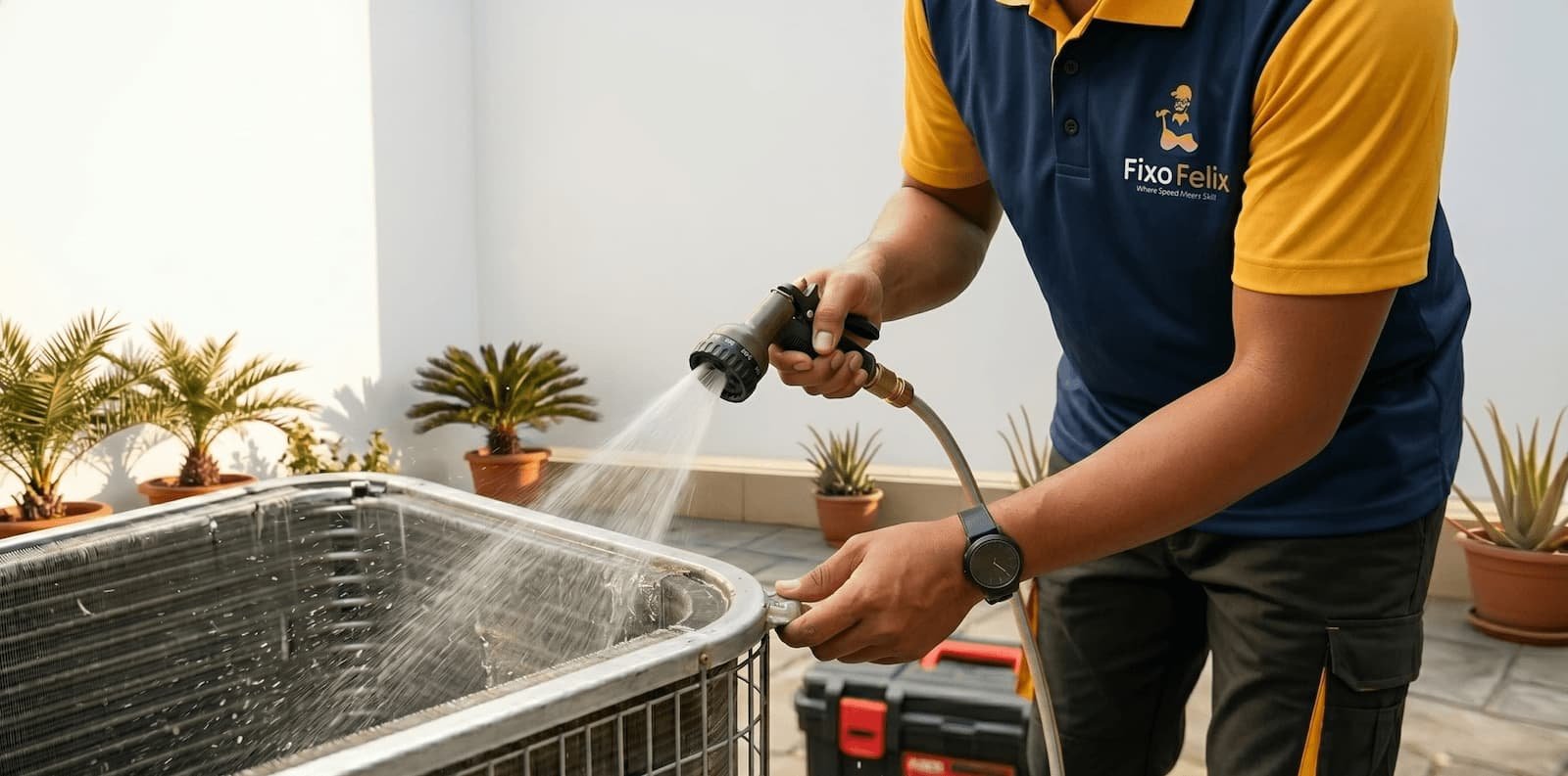 Fixo Felix technician brushing dust from an outdoor AC condenser coil — preventive maintenance Dubai