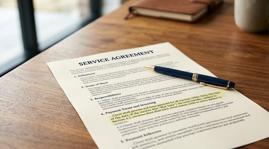 A maintenance contract on a desk with one clause highlighted, illustrating where hidden costs hide in AMC agreements