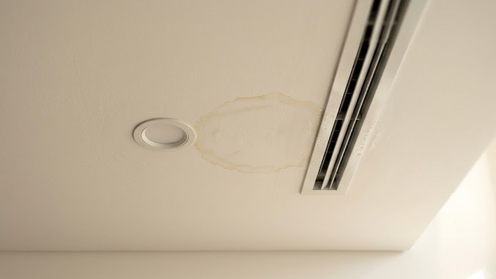 A water leak stain spreading across a Dubai apartment ceiling beside a recessed light and an air-conditioning vent