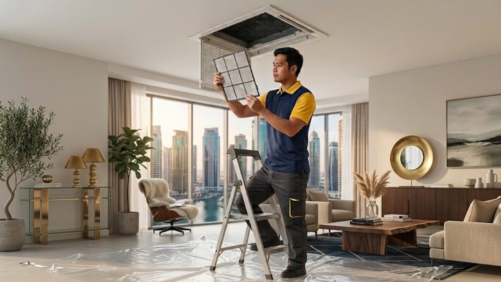 A Fixo Felix technician checking the air filter of a ceiling AC unit in a Dubai apartment before summer