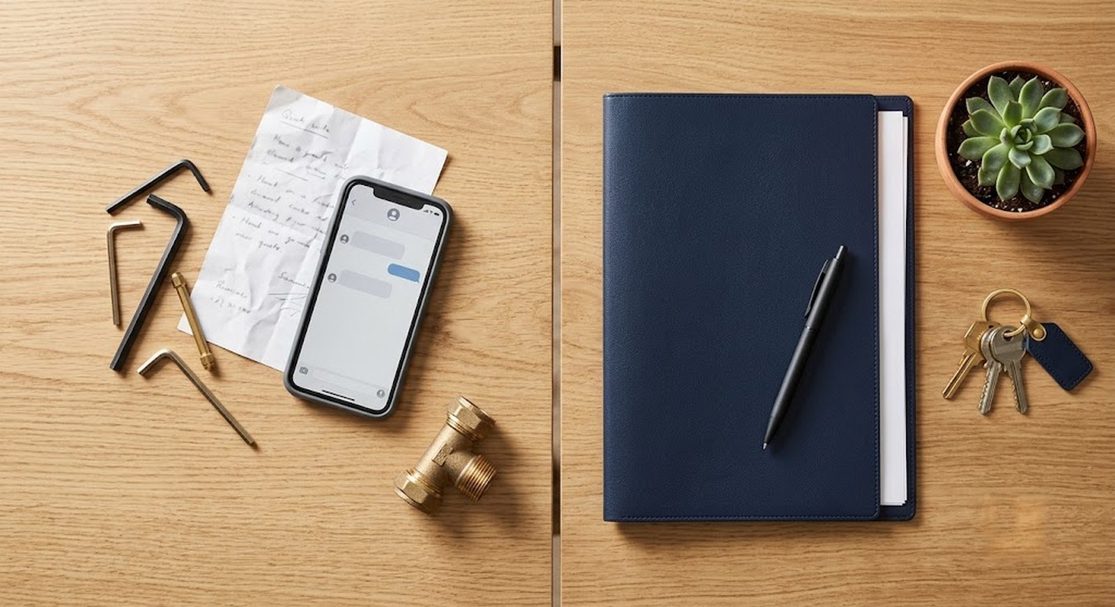 A desk divided in two: on one side scattered tools and a repair quote, on the other a tidy folder and keys, weighing ad-hoc repairs against an annual maintenance contract.