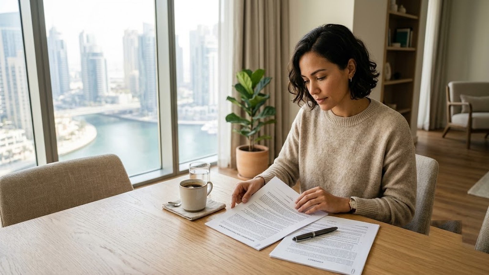 Woman reviewing a maintenance contract at a table with Dubai Marina in the background.